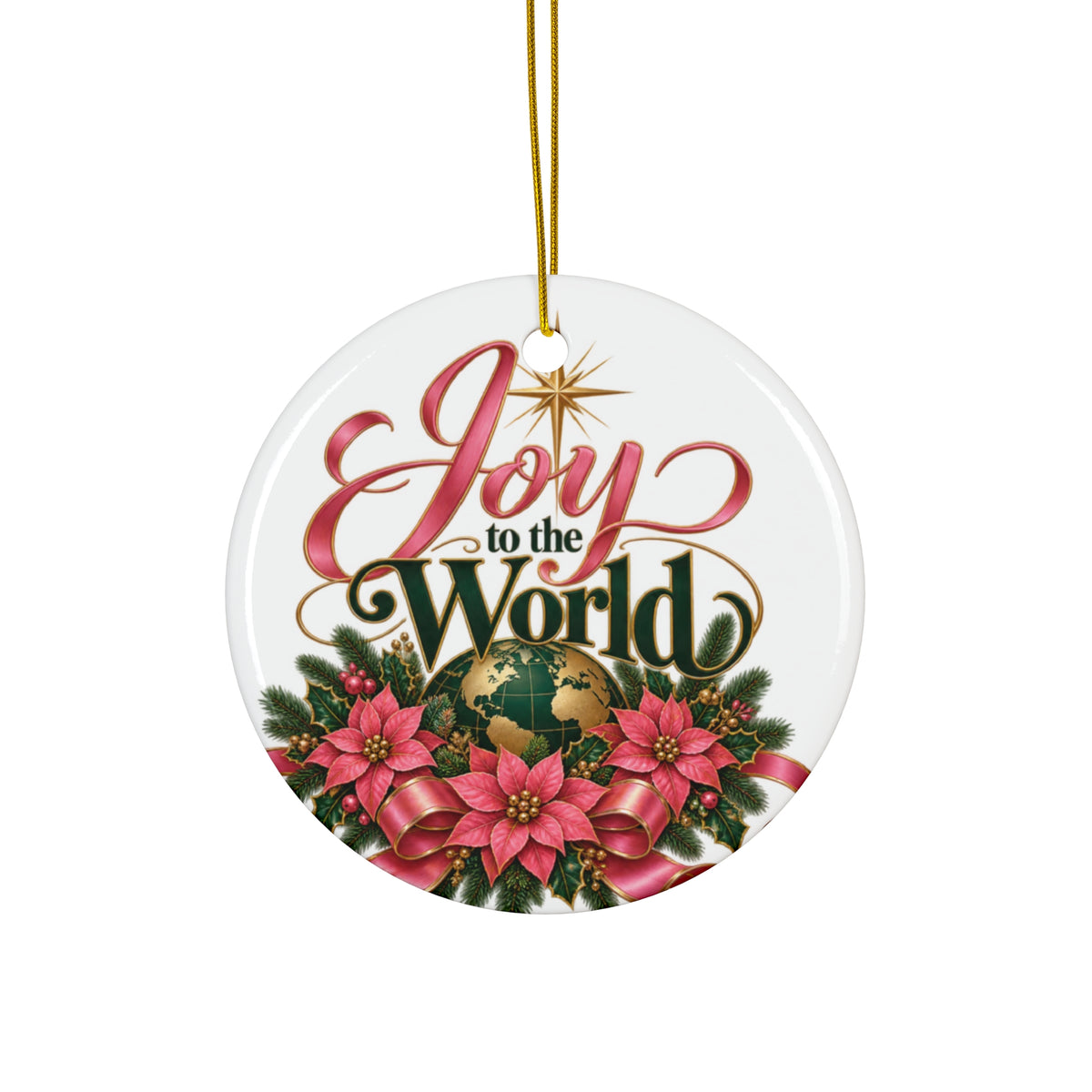 Joy to the World Ceramic Ornament — Round Holiday Christmas Decoration with Poinsettias (Set of Shapes)