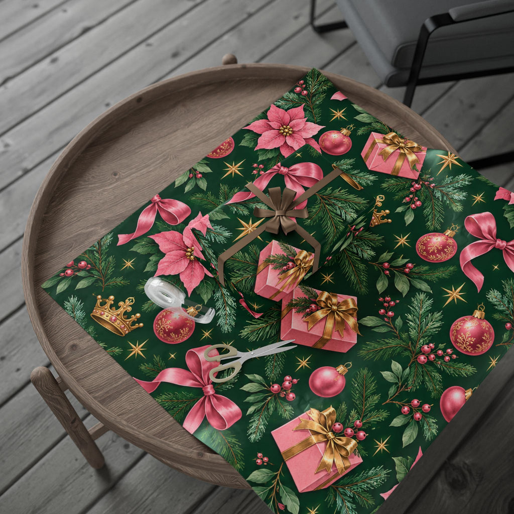 Christmas Wrapping Paper — Pink Poinsettia, Bows & Gifts Design