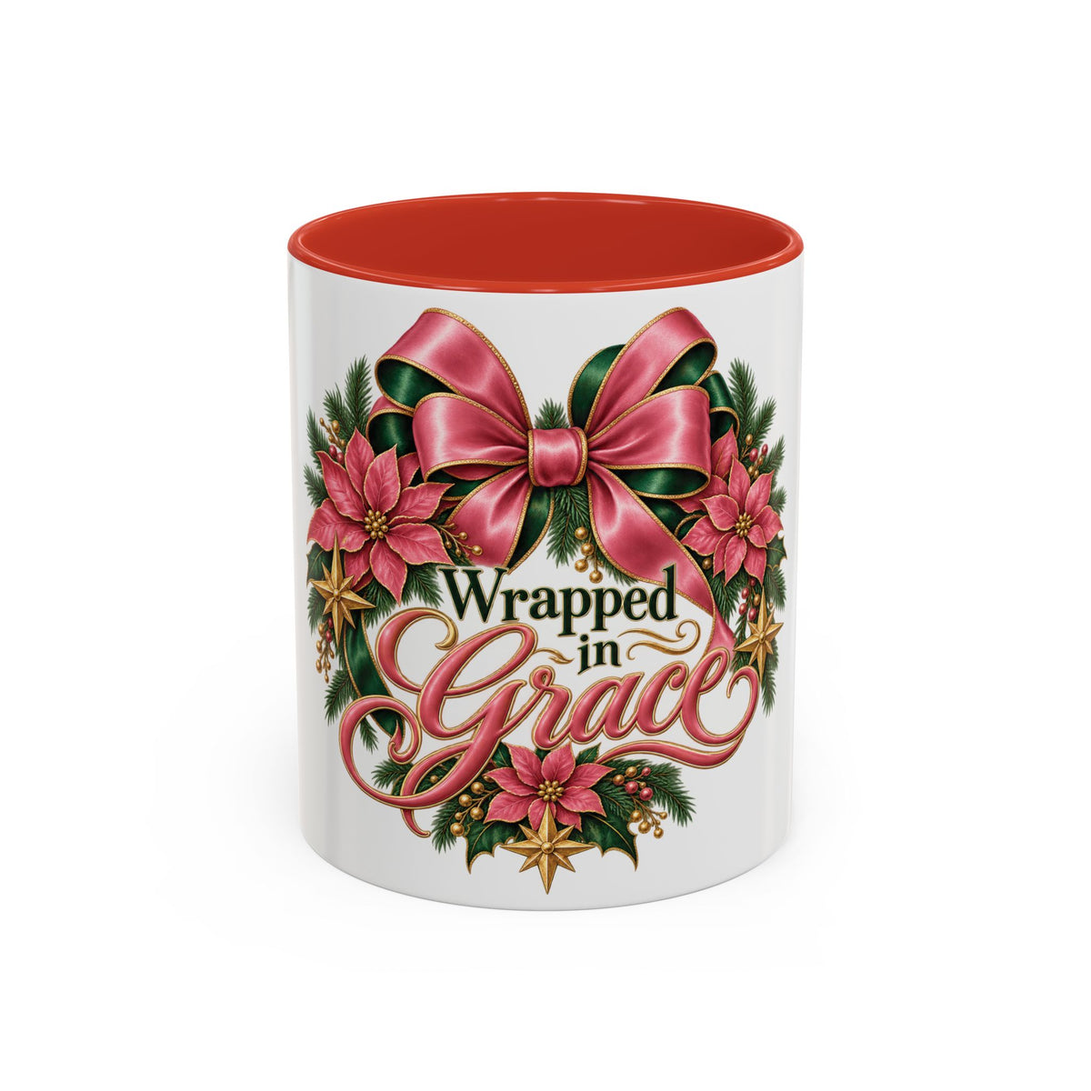 Wrapped in Grace Christmas Coffee Mug — Festive Poinsettia Wreath Accent Mug