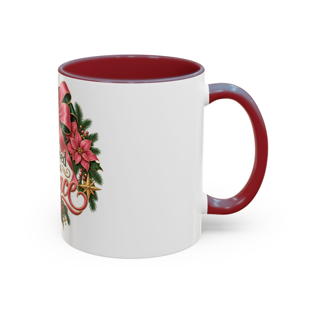 Wrapped in Grace Christmas Coffee Mug — Festive Poinsettia Wreath Accent Mug