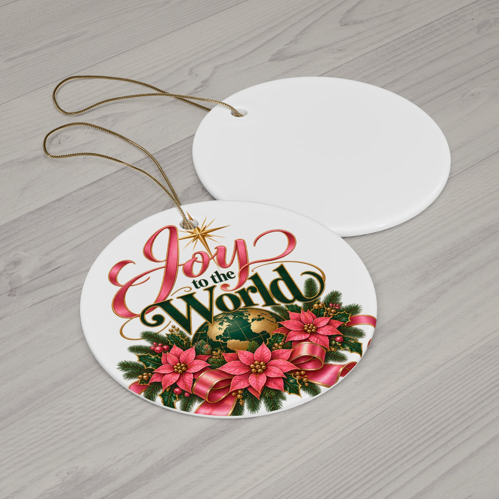 Joy to the World Ceramic Ornament — Round Holiday Christmas Decoration with Poinsettias (Set of Shapes)