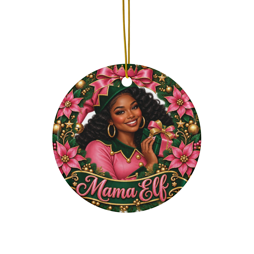 Mama Elf Ceramic Christmas Ornament — Personalized Holiday Wreath Keepsake