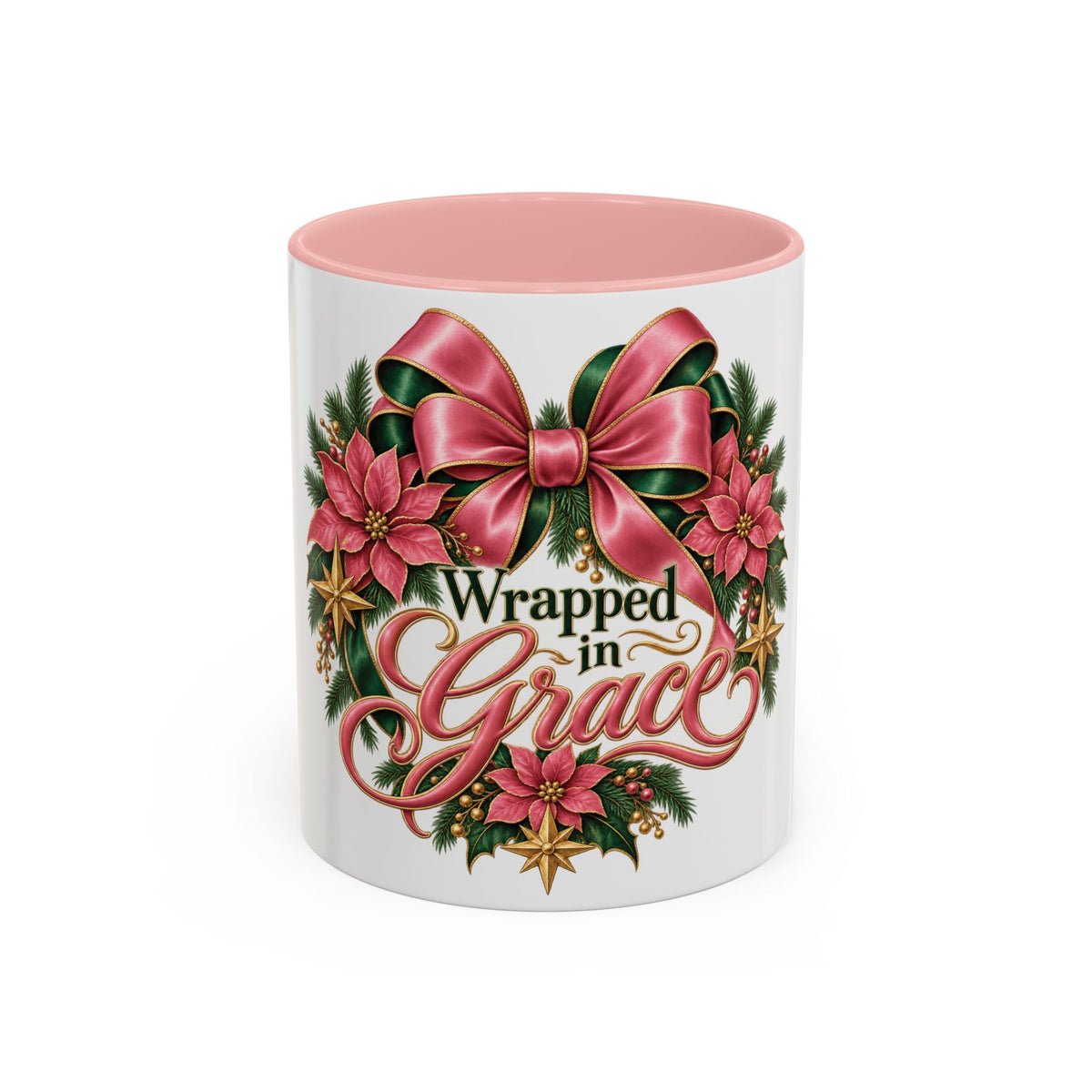 Wrapped in Grace Christmas Coffee Mug — Festive Poinsettia Wreath Accent Mug