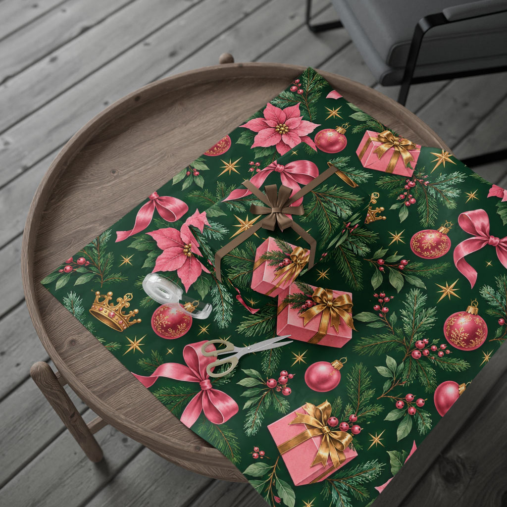 Christmas Wrapping Paper — Pink Poinsettia, Bows & Gifts Design