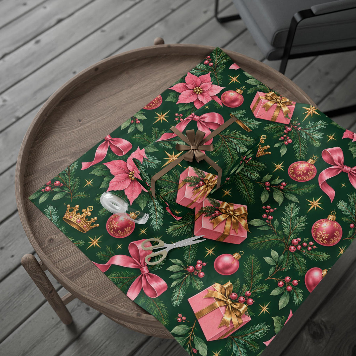 Christmas Wrapping Paper — Pink Poinsettia, Bows & Gifts Design