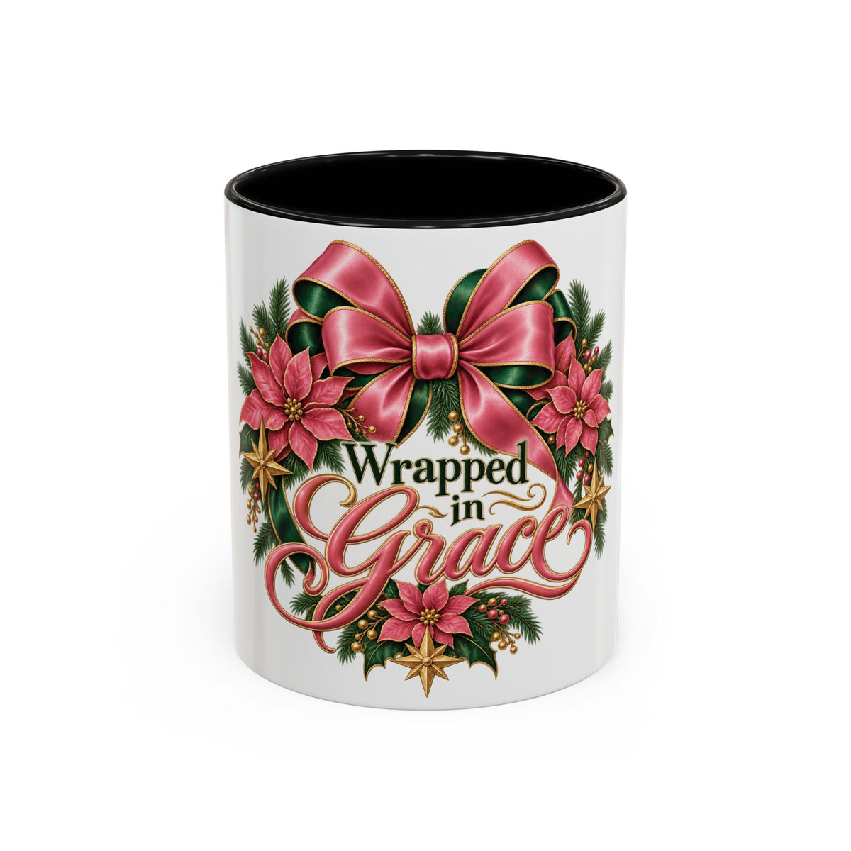 Wrapped in Grace Christmas Coffee Mug — Festive Poinsettia Wreath Accent Mug