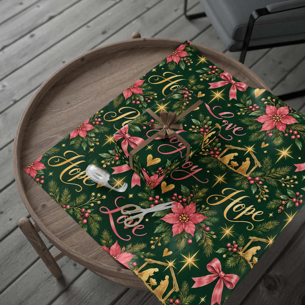 Christmas Nativity Wrapping Paper — Joy Peace Hope Poinsettia Design