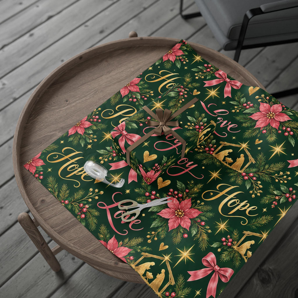 Christmas Nativity Wrapping Paper — Joy Peace Hope Poinsettia Design