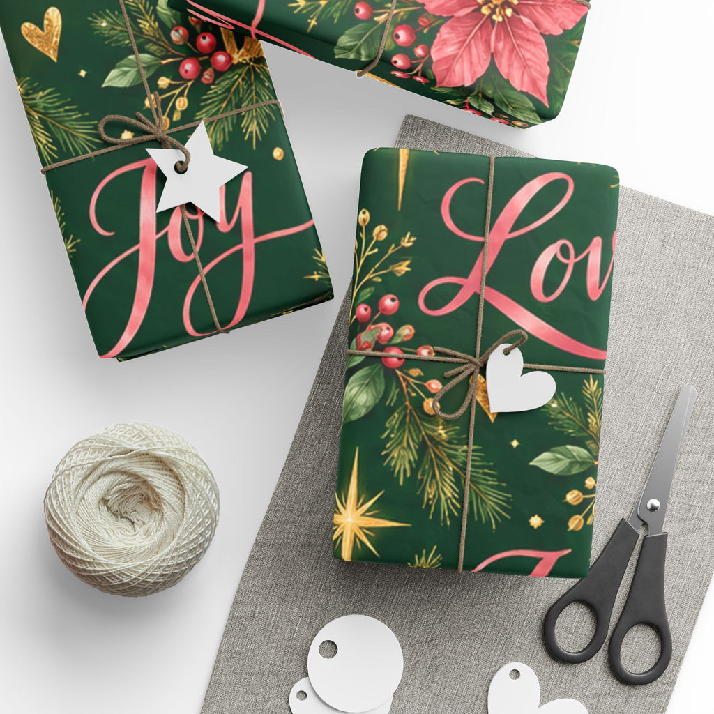 Christmas Nativity Wrapping Paper — Joy Peace Hope Poinsettia Design
