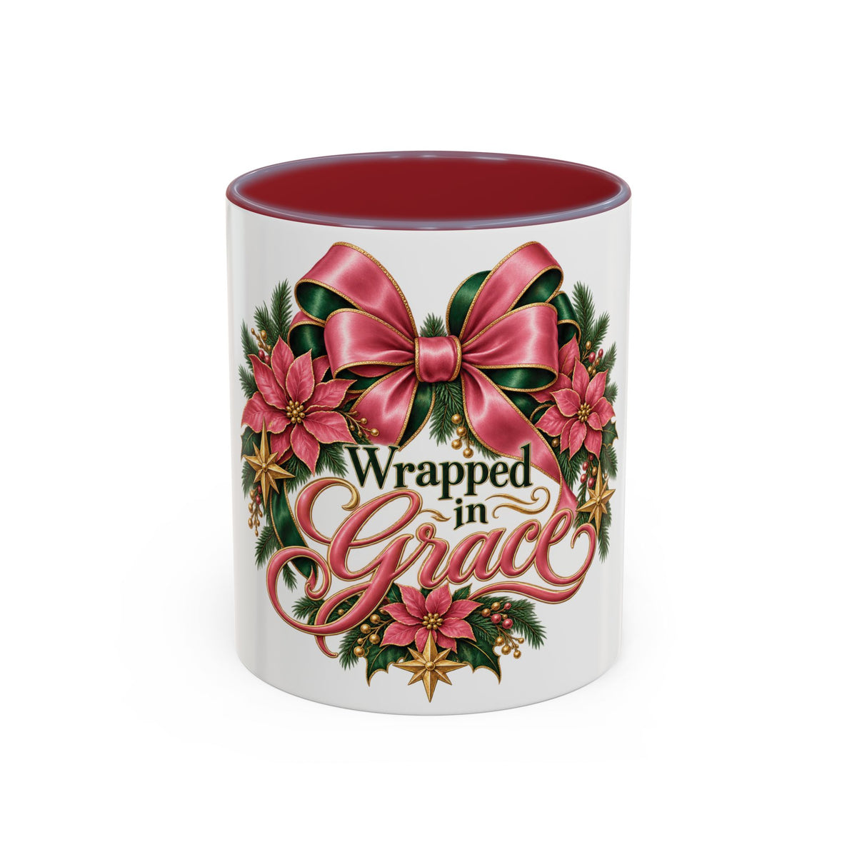 Wrapped in Grace Christmas Coffee Mug — Festive Poinsettia Wreath Accent Mug