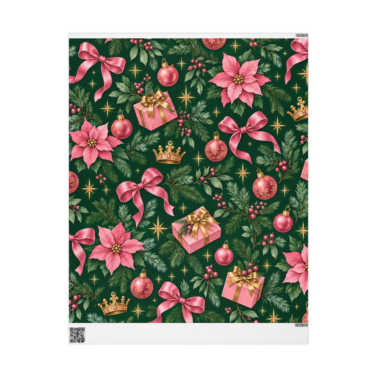 Christmas Wrapping Paper — Pink Poinsettia, Bows & Gifts Design