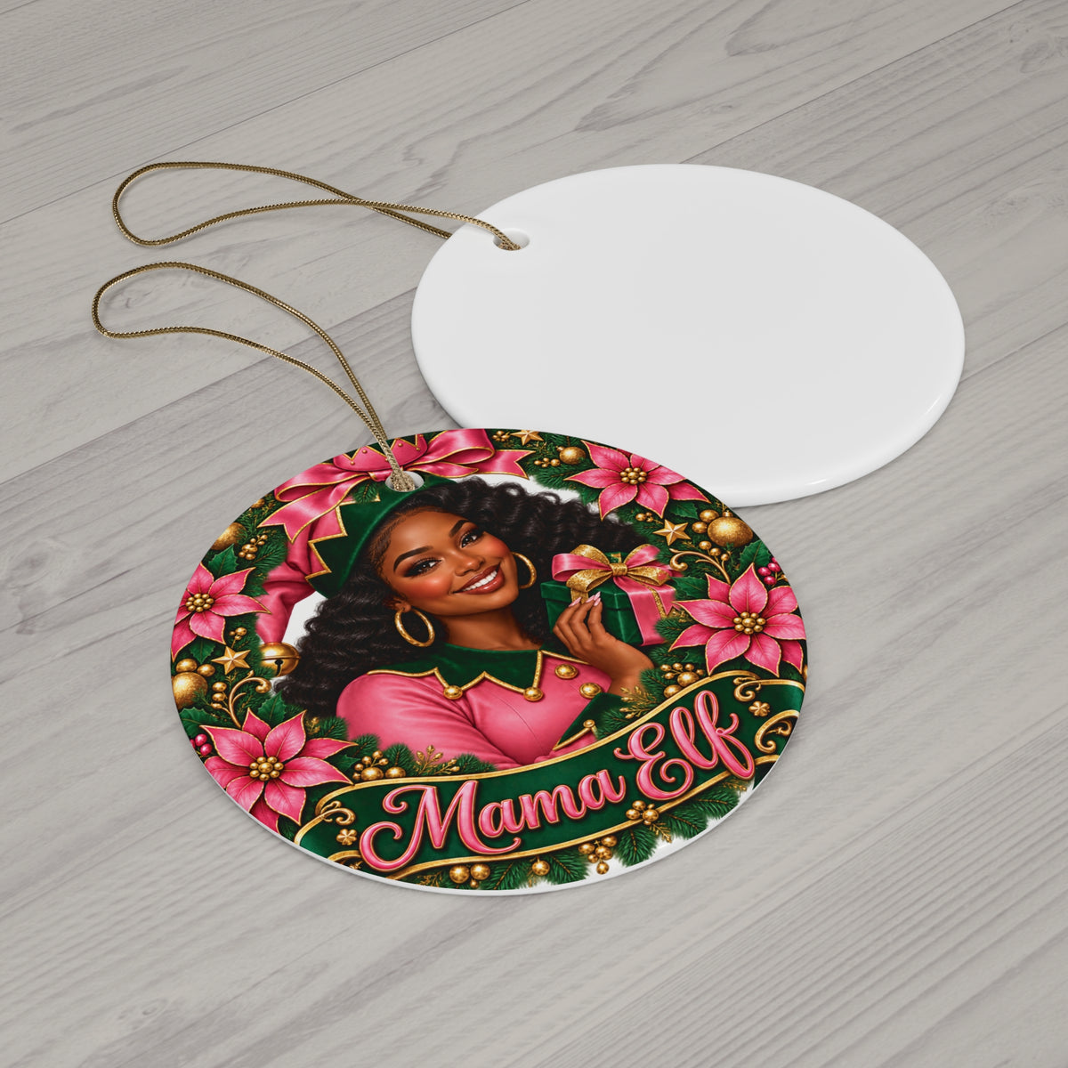 Mama Elf Ceramic Christmas Ornament — Personalized Holiday Wreath Keepsake