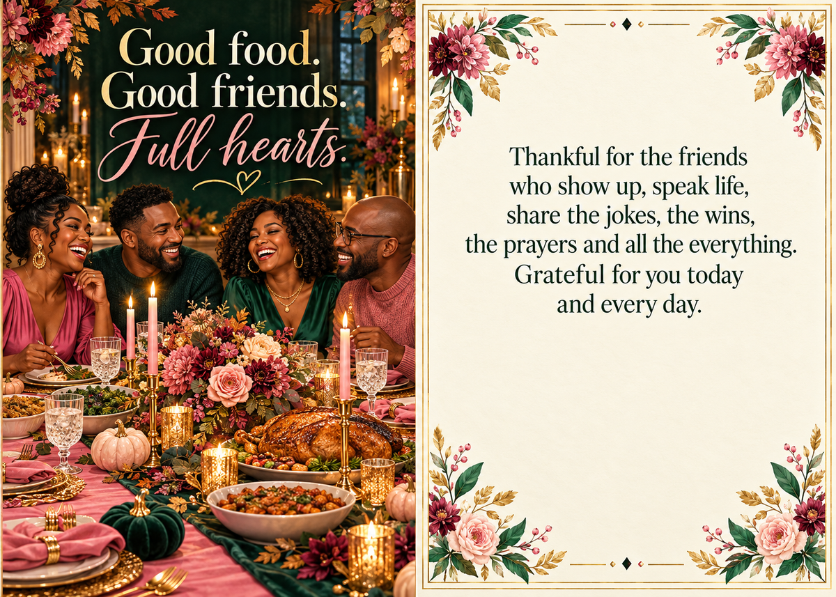 Friendsgiving greeting card front and inside message